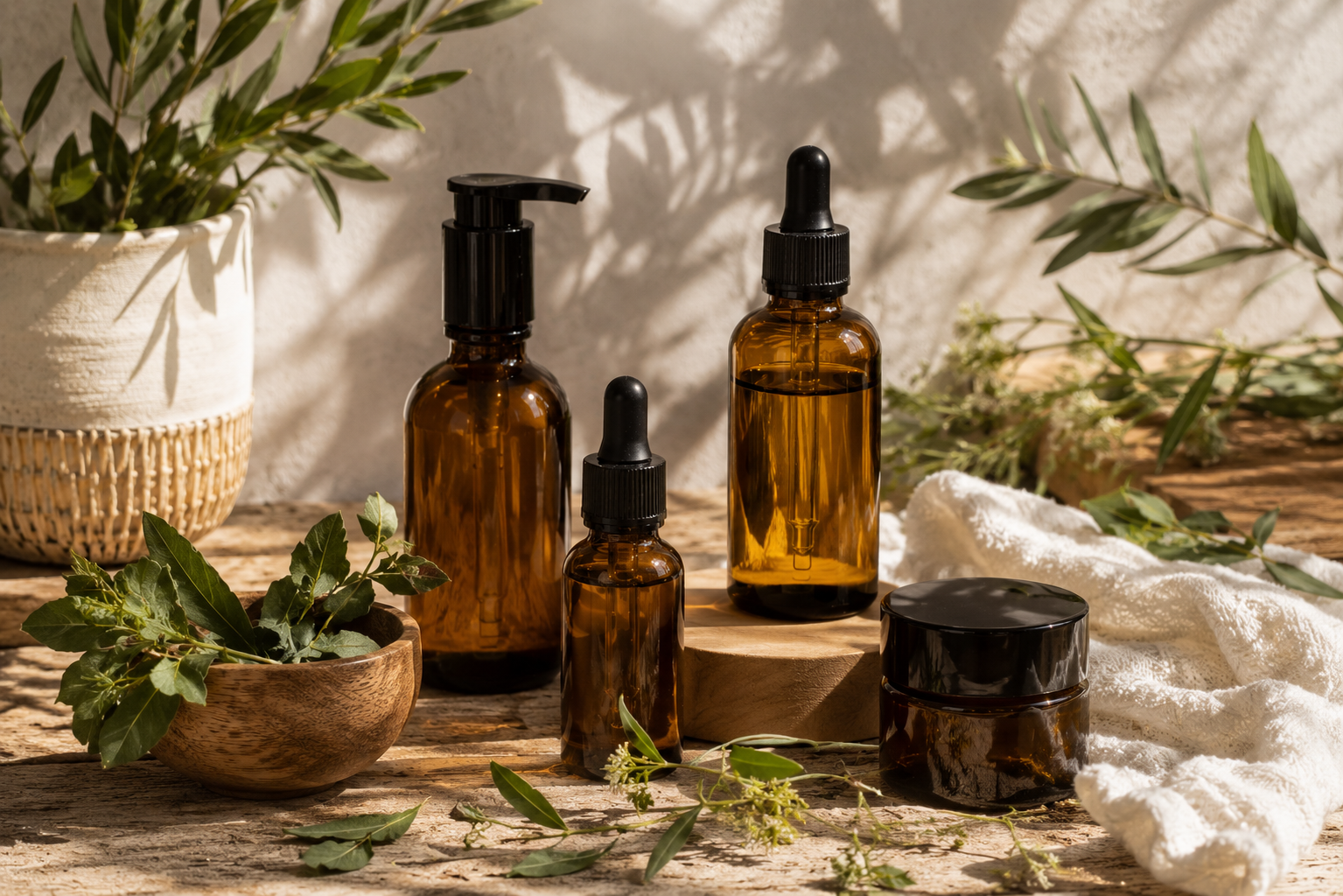 Ausgewählte Naturkosmetik-Produkte auf hellem Untergrund